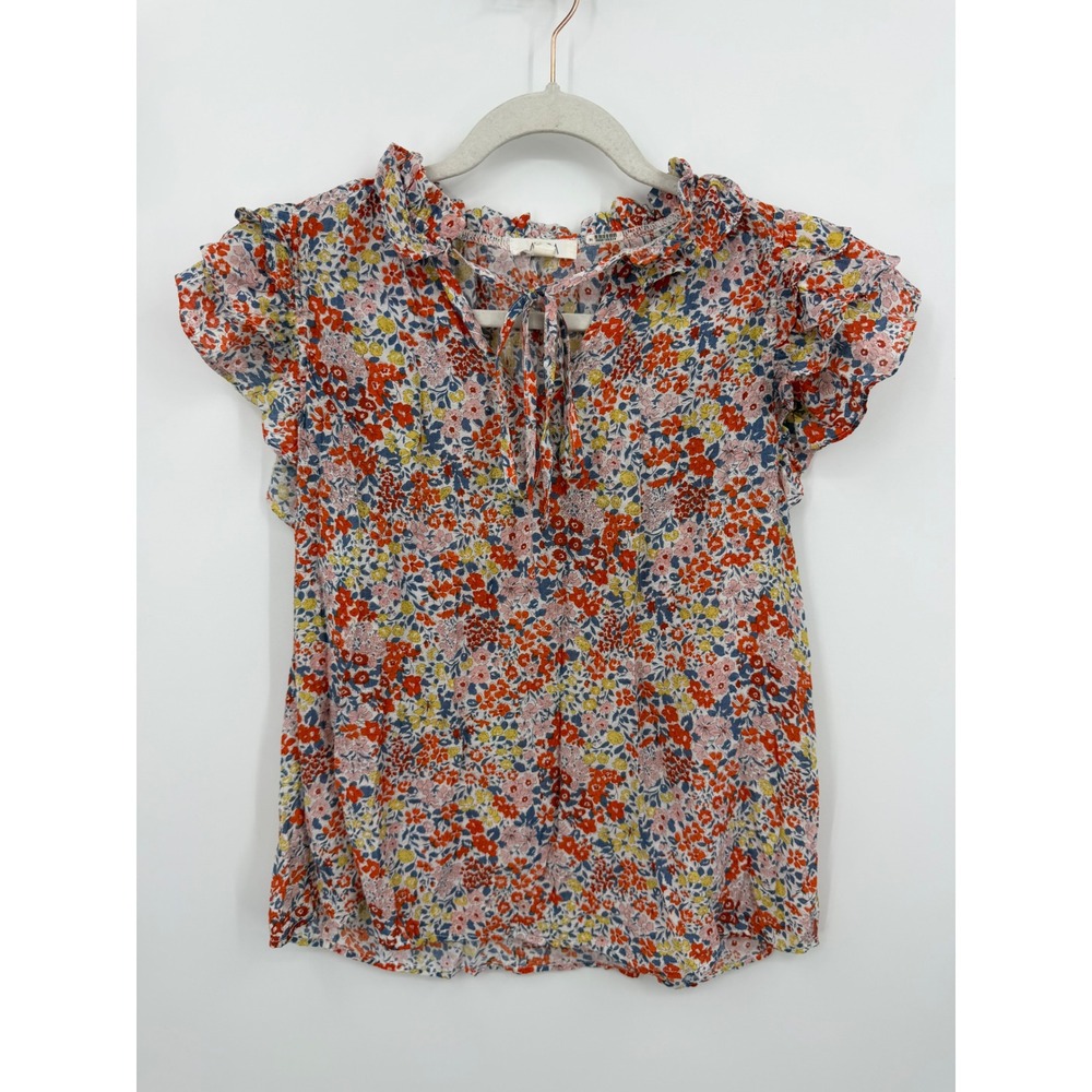 Avara Floral Flutter Sleeve Blouse Womens Medium Multicolor Ruffle Tie Neck Top